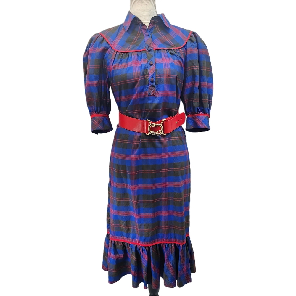 Ricki Freeman for Teri Jon. Vintage Plaid Dress w/ puffy sleeves. Medium